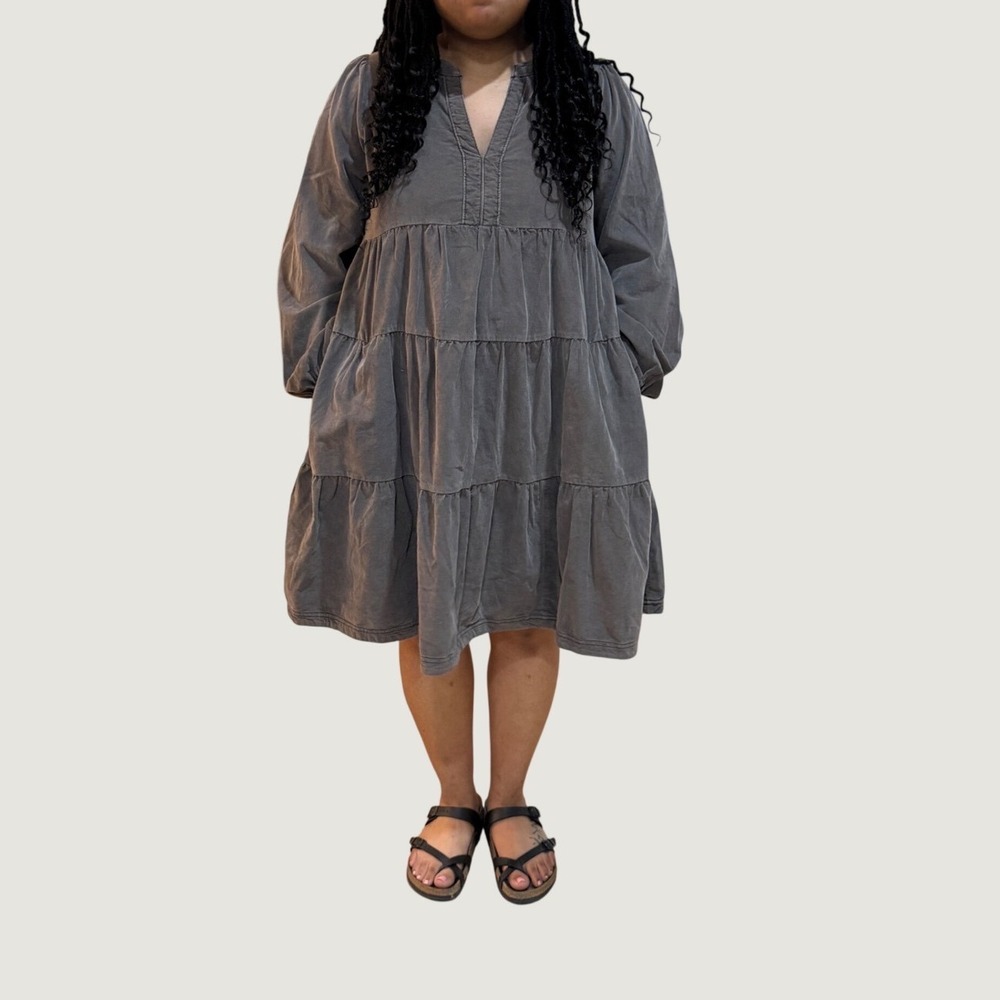 Anthropologie Pilcroe Gray Babydoll Corduroy Tiered Mini Dress Size L Boho Fall
